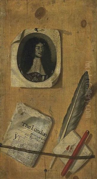 A Trompe-l'oeil Letter Rack, With An Engraving Of King Charles Ii, A Newspaper, A Quill, A Pen And A Penknife Oil Painting by Edward Collier