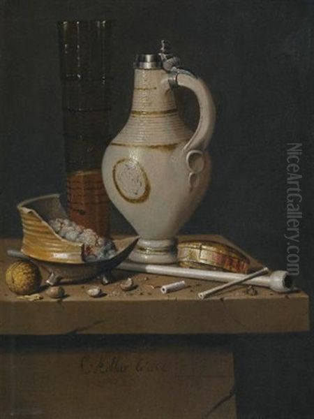 A Toebakje Still Life Of Smoker's Requisites, A Jug And A Tall Glass Partly Filled With Beer Oil Painting by Edward Collier