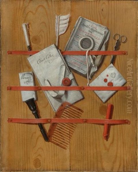 A Trompe L'oeil Still Life With Letters, A Magazine, A Notebook, A Magnifying Glass, Scissors, A Quill, A Letter Opener And A Tortoise Shell Comb Oil Painting by Edward Collier