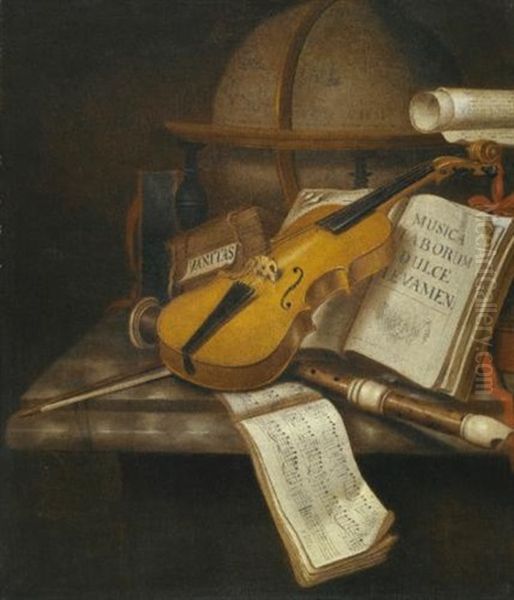 A Vanitas Still Life With A Violin, A Recorder, And A Score Of Music On A Marble Table-top Oil Painting by Edward Collier