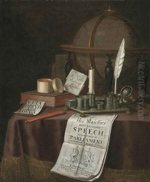 A Globe, An Inkwell With A Candle, Books And Other Objects On A Draped Table Oil Painting by Edward Collier