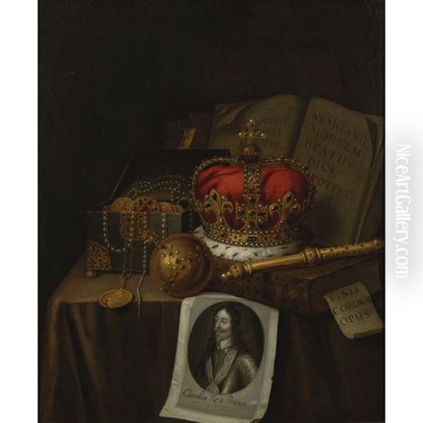 Vanitas Still Life With Crown, Jewels And An Engraving Of Charles I Of England Oil Painting by Edward Collier