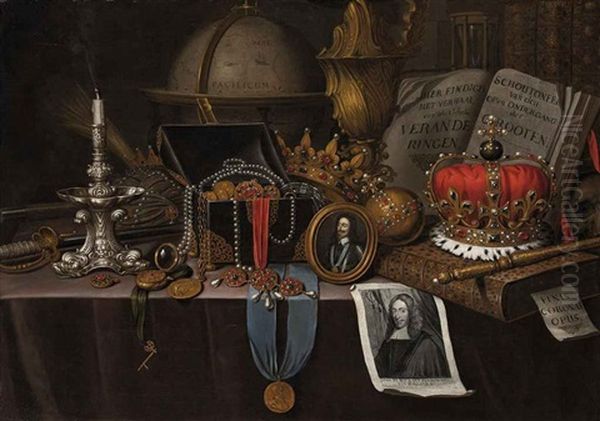 A Vanitas With A Medallion Of Henri Iv Of France, A Candlestick, Globe And Other Objects, On A Draped Table Oil Painting by Edward Collier