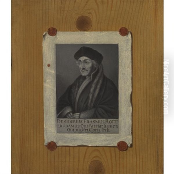 A Trompe-l'oeil Portrait Of An Engraving Of Desiderius Erasmus Affixed To Pine Panelling Oil Painting by Edward Collier