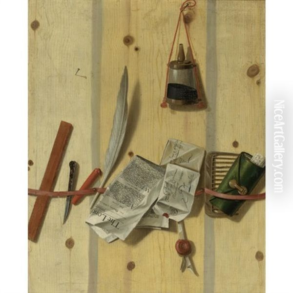 Trompe L'oeil Still Life Of A Letter Rack Holding A Newspaper, Letters, A Letter Opener, Wax, A Quill, A Comb And Other Objects Oil Painting by Edward Collier