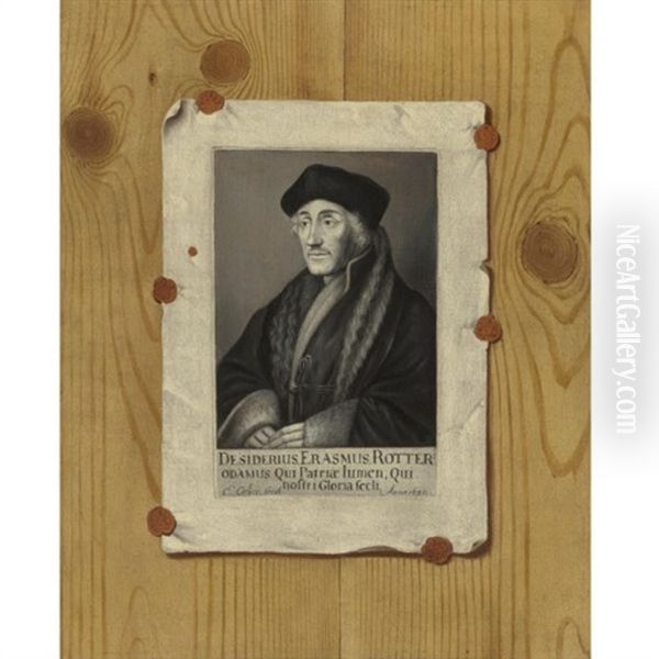 Trompe L'oeil Still Life With An Engraving Of Erasmus Of Rotterdam Affixed To A Wood Board Oil Painting by Edward Collier