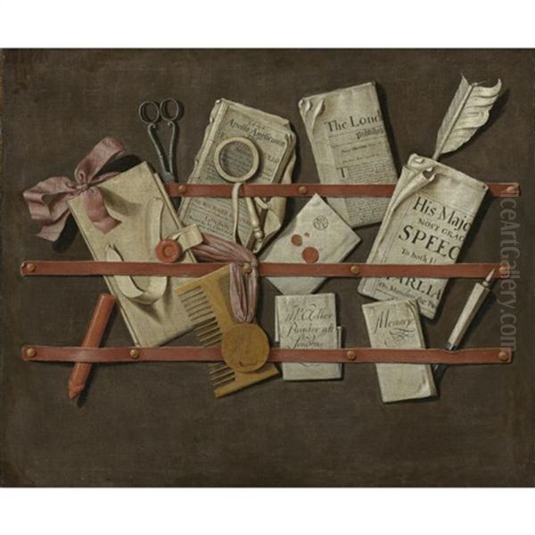 Trompe L'oeil Still Life Of A Letter Rack Holding Newspapers, Letters, A Comb, Scissors, Wax, A Letter Opener, A Magnifying Glass And Other Objects Oil Painting by Edward Collier