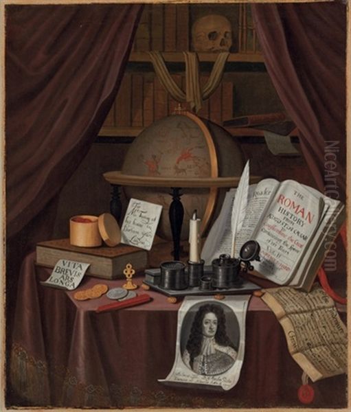 A Vanitas For John Turing, With A Globe Showing The Signs Of The Zodiac, A History Of Rome, Engraving Of Henry Iii Of England And Other Various Objects Oil Painting by Edward Collier