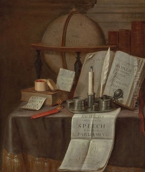 Omnia Vanitas: A Book With A Paper Marker Inscribed Vita Brevis Ars Longa, A Glove, An Open Copy Of Description Of The World And Other Objects On A Table Oil Painting by Edward Collier