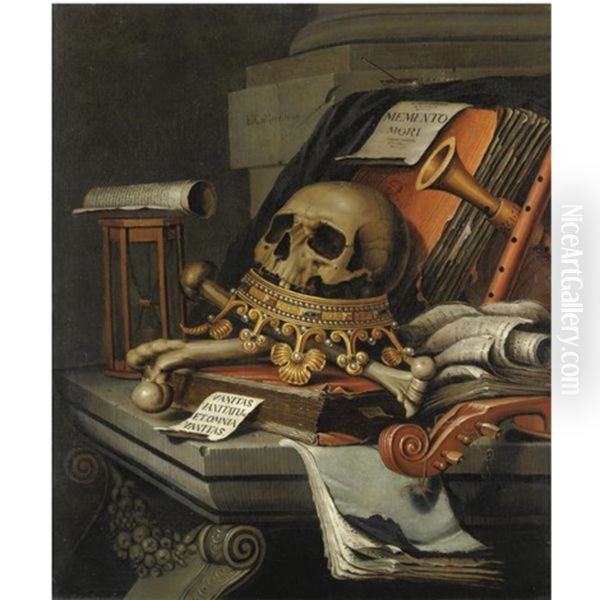 A Vanitas Still Life With A Skull Surmounting A Crown, Books, Scrolls, An Hour-glass, A Violin And Other Musical Instruments, All Resting Upon A Stone Ledge Oil Painting by Edward Collier