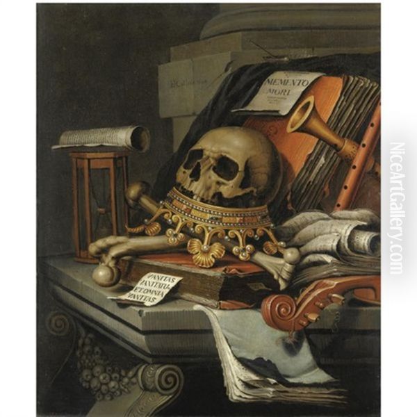 A Vanitas Still Life With A Skull Surmounting A Crown, Books, Scrolls, An Hour-glass, A Violin And Other Musical Instruments, All Resting Upon A Stone Ledge Oil Painting by Edward Collier