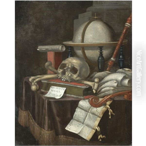 A Vanitas Still Life With A Globe, A Skull And Other Human Bones, Musical Instruments And Several Books All Aranged On A Draped Table Oil Painting by Edward Collier