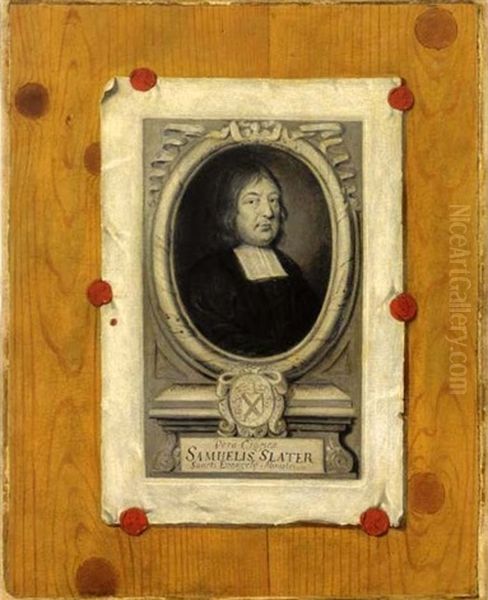 An Engraved Portrait Of Samuel Slater Attached To A Panelled Wall With Red Laquer Oil Painting by Edward Collier