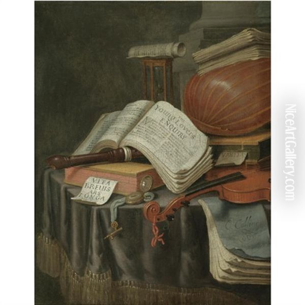 A Vanitas Still Life With Books And Manuscripts, A Recorder, A Lute, A Violin, An Hourglass And A Compass, All On A Draped Table Oil Painting by Edward Collier