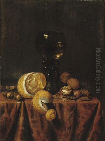 A Roemer Of White Wine, A Partially Peeled Lemon, Walnuts And Hazelnuts, All On A Draped Table Oil Painting by Edward Collier