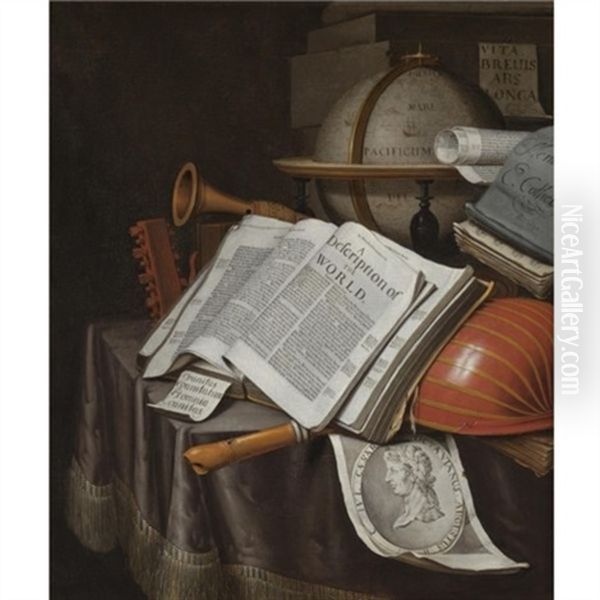 A Vanitas Still Life With A Globe And An Atlas Open On Draped Table Along With A Lute And An Engraving Of Caesar Octavianus Augustus Oil Painting by Edward Collier