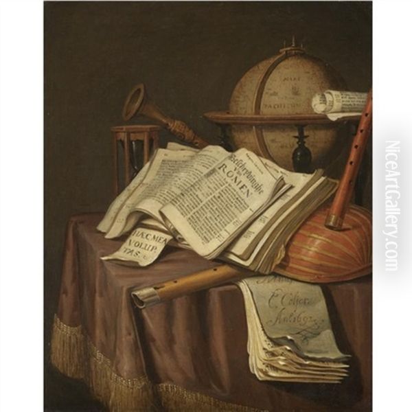 A Vanitas Still Life With A Globe, An Hour-glass, A Book And A Score, Together With Various Other Musical Instruments Oil Painting by Edward Collier