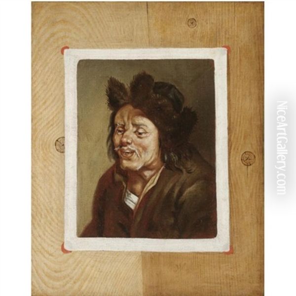 A Trompe L'oeil Of A Painting Of A Peasant Fixed To A Wooden Board Oil Painting by Edward Collier