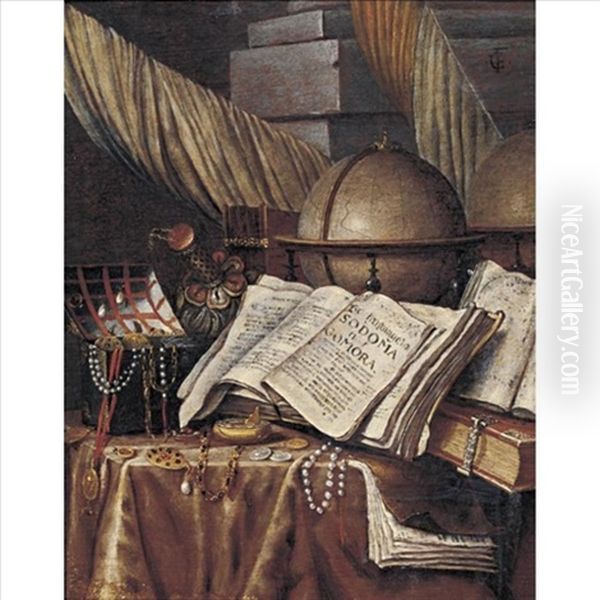 Vanitas Still Life With A Globe, Books And A Box Of Jewels All Resting On A Draped Table Oil Painting by Edward Collier