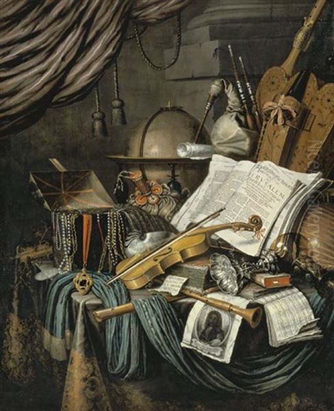 A Vanitas Still Life With A Globe, Jewels, Books, Musical Instruments, Including A Bagpipe, A Hurdy Gurdy, A Lute, A Violin, A Recorder And A Shawn, And A Print With A Self-portrait Of The Artist Oil Painting by Edward Collier