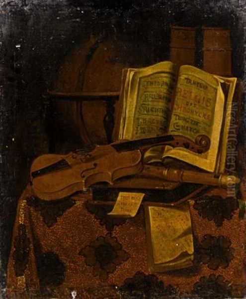 Still Life With A Violin, A Recorder, A Globe And Books On A Table Draped With A Carpet Oil Painting by Edward Collier