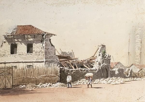 The Government Tobacco Warehouses After The 1863 Earthquake, Manila, Philippines Oil Painting by Henry Charles Andrews