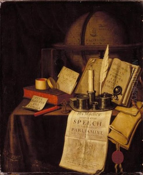 A Vanitas Still Life With An Ink-well And Quill, A Candle, A Box Of Seals, Sealing Wax, Books And A Globe On A Draped Table Oil Painting by Edward Collier