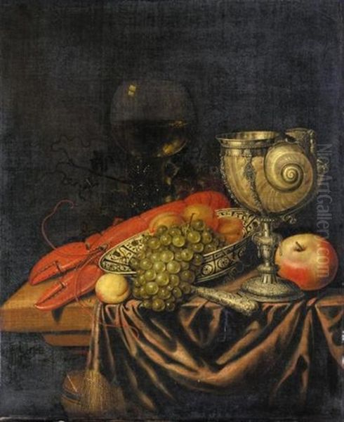 A Still Life Of Peaches And Grapes In A Blue And White Bowl, With A Nautilus-shell Cup, A Lobster And An Apple Oil Painting by Edward Collier