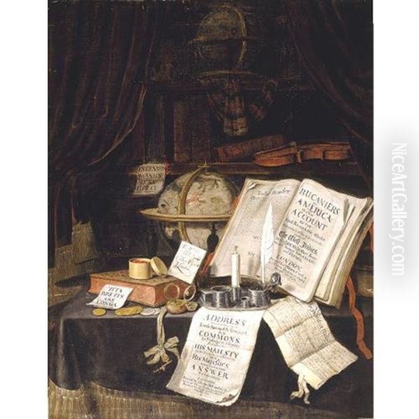 A Vanitas Still Life: A Volume Of The Bucaniers Of America, A Globe, Books, An Address To The Commons, A Candle, A Quill, A Key And A Pocketwatch, All Upon A Table Oil Painting by Edward Collier