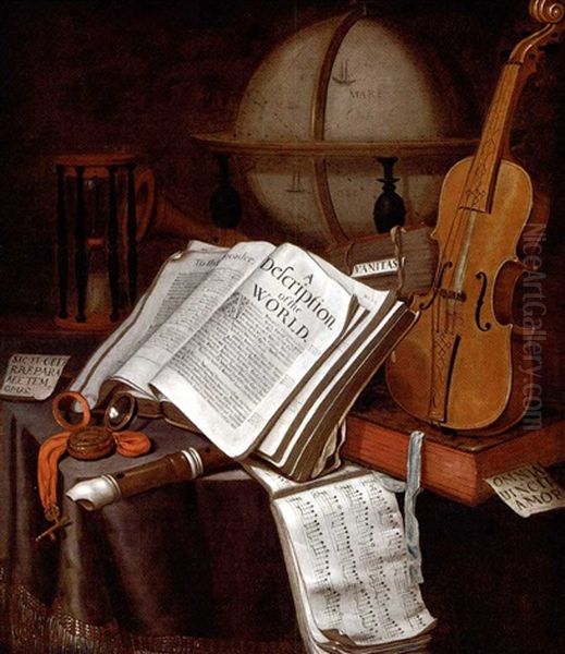 A Vanitas Still-life Of A Globe, Books, An Hourglass, A Violin, A Recorder, Sheet Music And A Pocket Watch On A Draped Table Oil Painting by Edward Collier