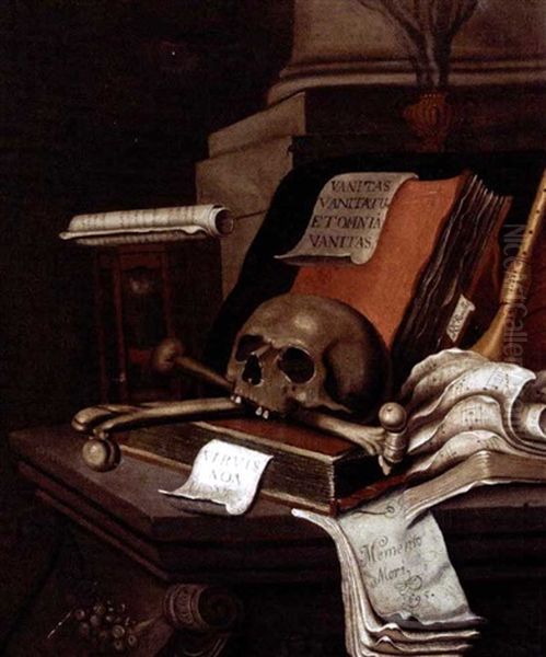 A Vanitas Still Life With Musical Scores, A Pipe, A Skull And Crossbones, And An Hour-glass On A Stone Ledge Oil Painting by Edward Collier