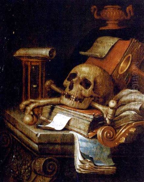 A Vanitas Still Life: A Skull, Books, An Hourglass And A Musical Score On A Stone Carved Table Oil Painting by Edward Collier