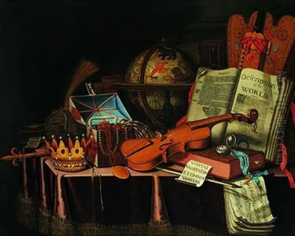 Nature Morte Aux Instruments De Musique, Mappemonde Et Coffret De Bijoux Sur Un Entablement Oil Painting by Edward Collier