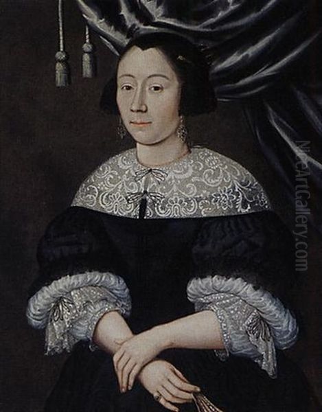 Portrait Of A Lady Wearing A Black Dress With White Collar And Cuffs, A Black Bonnet, And Holding A Fan In Her Right Hand by Edward Collier