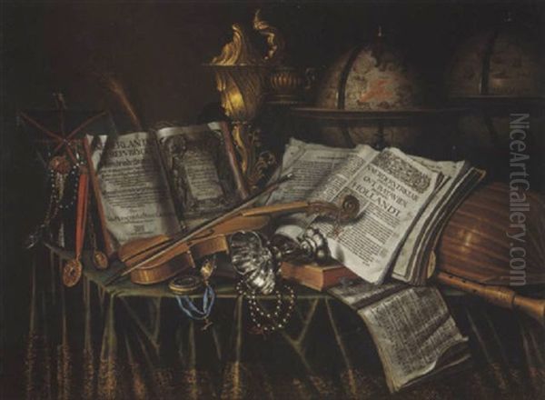 Nature Morte Aux Globes Terrestres Et Celestes, Instruments De Musique Et Pieces D'orfevrerie Oil Painting by Edward Collier