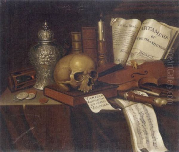 A Vanitas Still Life With Coins, Overturned Hour-glass, Urn, Skull, Candle, Books, Musical Instruments And A Score On A Table Oil Painting by Edward Collier