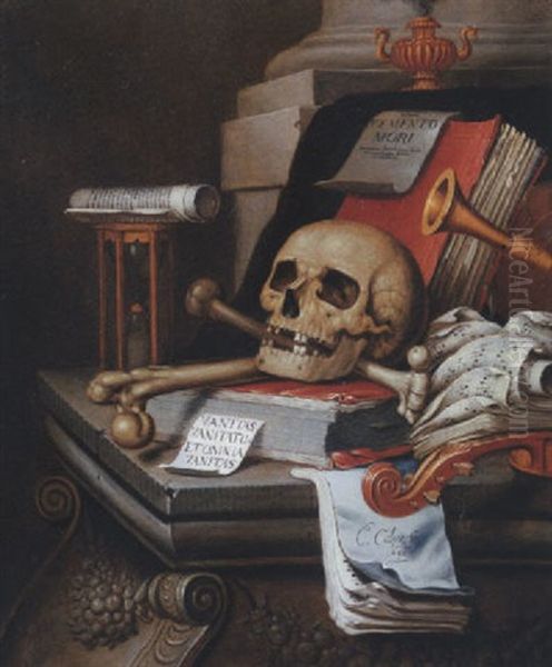 A Vanitas Still Life With An Hour Glass, A Skull And Crossbones, A Scroll, Two Books, Music Scores, A Flute, A Violin, A Sheet Of Paper.... Oil Painting by Edward Collier