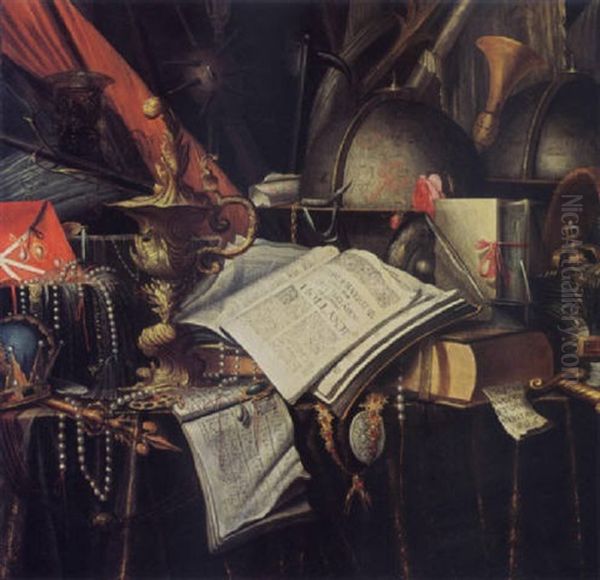 A Vanitas Still Life With Books, Globes, A Silver Gilt Beaker, A Roemer, Jewellry And Musical Instruments, All On A Draped Table Oil Painting by Edward Collier