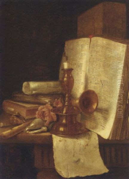 A Brass Candlestick, Books, Roses And Shells On A Table Oil Painting by Edward Collier