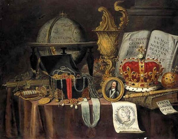 A Vanitas Still Life Of Court Jewels In A Casket, A Globe, Sword, And A Miniature Portrait Of Charles I Oil Painting by Edward Collier