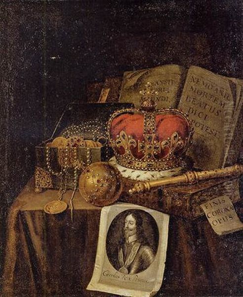 A Vanitas Still Life Of A Crown, An Orb, A Sceptre, A Casket Of Coins And Jewels, Together With Books And An Engraving Of Charles I Of England Oil Painting by Edward Collier