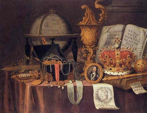 An Allegory Of Wealth And Temporal Power: A Vanitas Still Life Of Court Jewels In A Casket, A Globe, Sword, And A Miniature Portrait Of Charles I, All Resting On A Table Oil Painting by Edward Collier