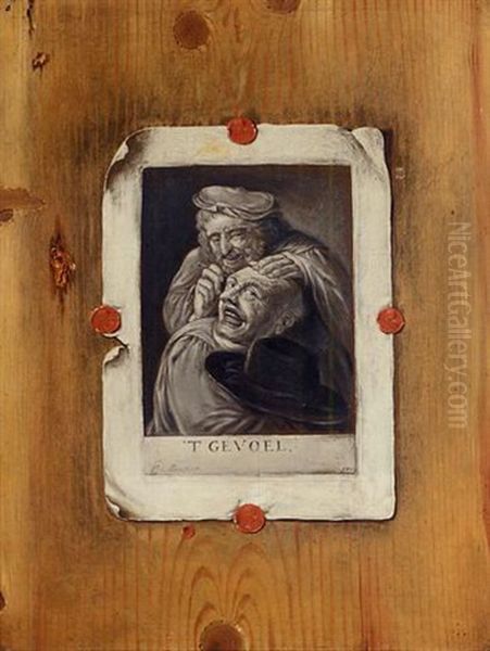 A Trompe L'oeil Of A 't Gevoel Print Set On A Panel Oil Painting by Edward Collier