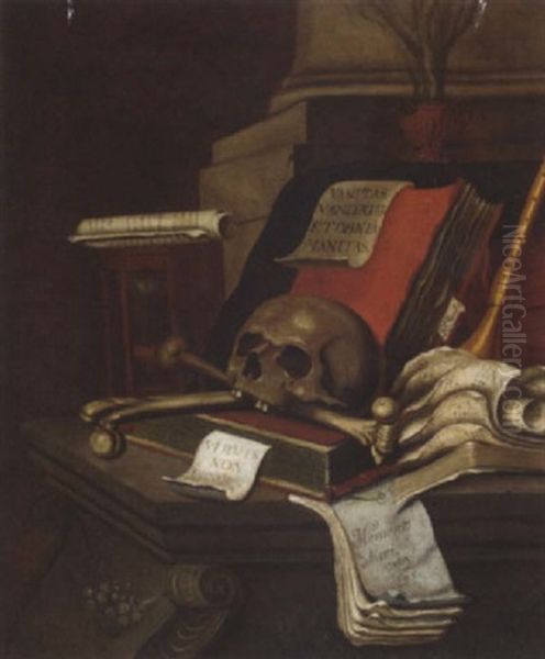 A Vanitas Still Life With Books, An Hour Glass, A Recorder, A Lute, A Musical Score And A Skull And Cross Bones Oil Painting by Edward Collier