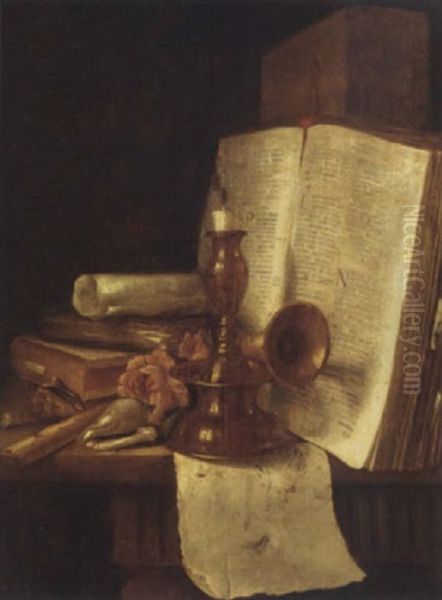 A Brass Candlestick, Books, Roses And Shells On A Table by Edward Collier