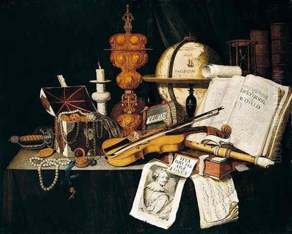 A Vanitas Still Life Of A Violin, Recorder, Music Score, Globe, Books, Casket Of Jewelry, Pearls, Other Objects And An Engraving After Van Dyck, All Upon A Table Top Oil Painting by Edward Collier