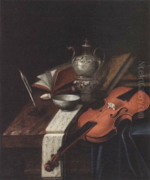 A Violin, Musical Manuscript, Recorder, Books, An Inkwell And Quill Pen, And A Silver Teapot On A Partially Draped Table Oil Painting by Edward Collier