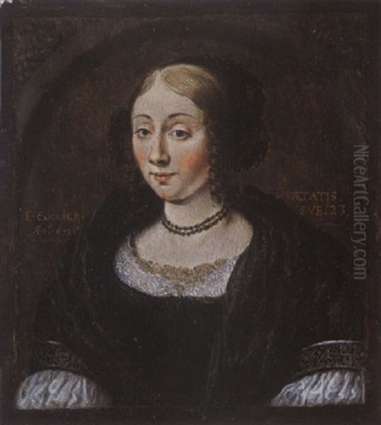 A Portrait Of A Young Lady, Aged 23, Wearing A Black Dress With A White Lace Collar And Cuffs And A Black Bonnet, In A Painted Niche Oil Painting by Edward Collier