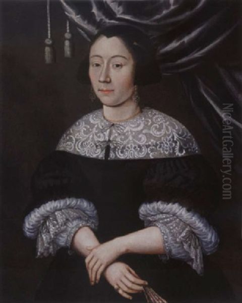 A Portrait Of A Lady, Wearing A Black Dress With White Lace Collar And Cuffs, A Black Bonnet, Holding A Fan Oil Painting by Edward Collier