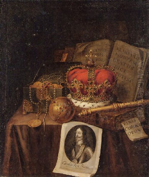 A Vanitas Still Life Of A Crown, An Orb, A Sceptre, A Casket Of Coins And Jewwels, Together With Books And An Engraving Oil Painting by Edward Collier